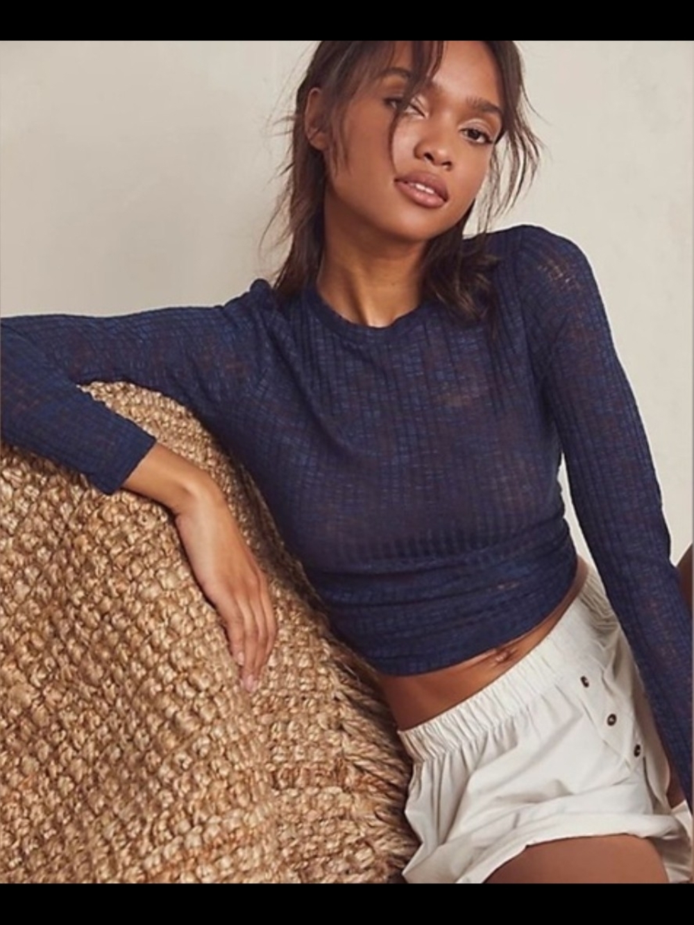 Free People Semi Sheer Navy Ribbed Aura Layering Long Sleeve